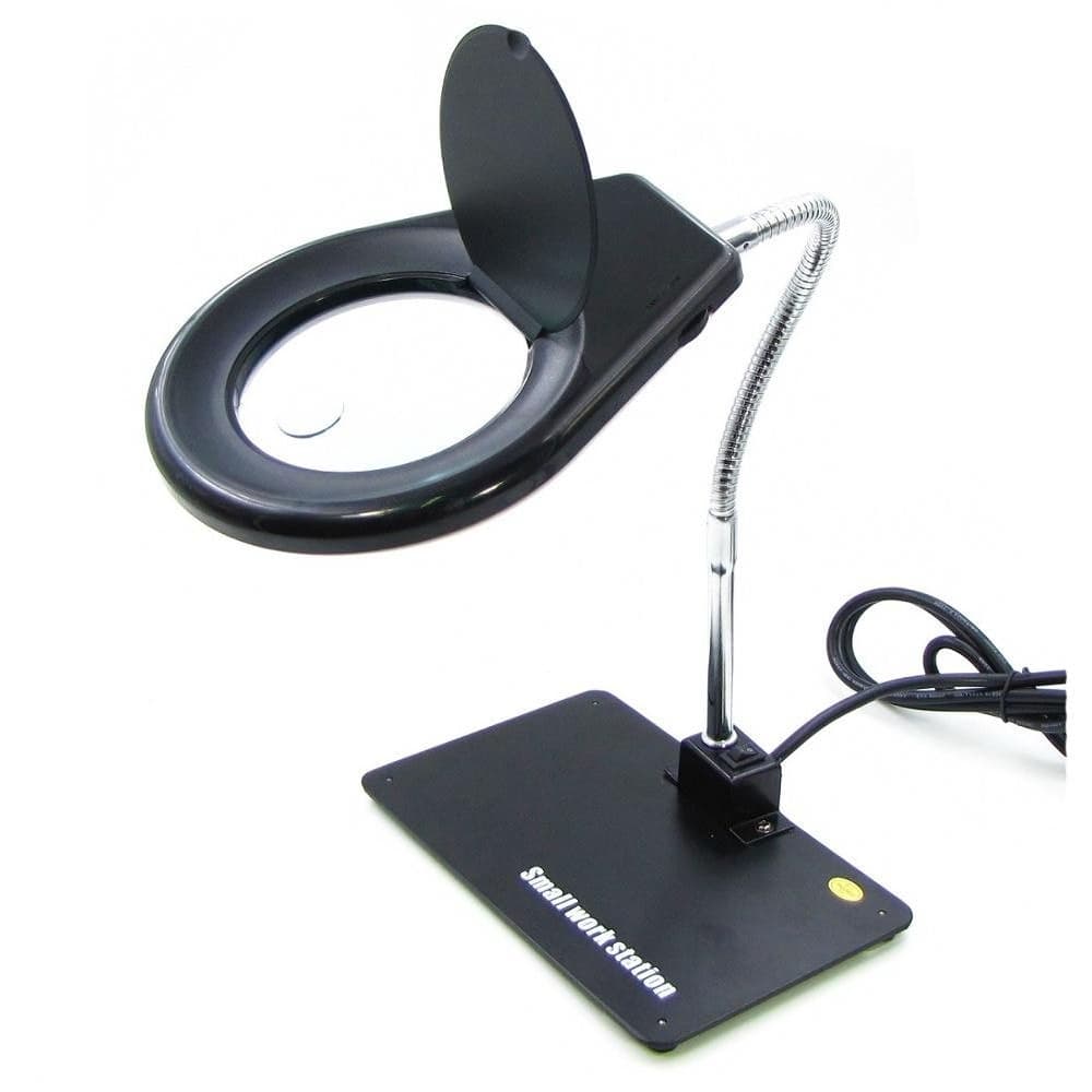 Лупа двойная на гибкой ноге с подставкой WEP 628A, с регулируемой LED-подсветкой, 220 В, большая лупа d=85 мм, 5x; малая лупа d=20мм, 10x