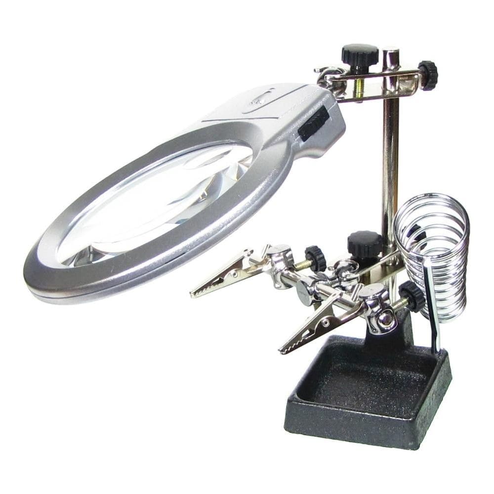 Тримач плат и паяльника MG16129-A, з LED-підсвіткою та подвійною лупой, велика лупа d=90 мм, 2x; мала лупа d=21, 6x | держатель