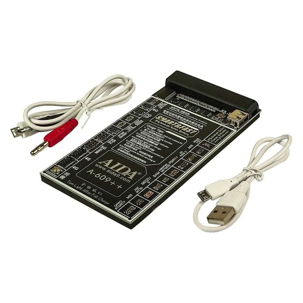 Плата активации и зарядки аккумуляторов AIDA A-609++ с цифр. инд. (4G -12 Pro Max, HUAWEI, LENOVO, VIVO, MI, ZTE; кабели microUSB, USB A, штекеры БП)