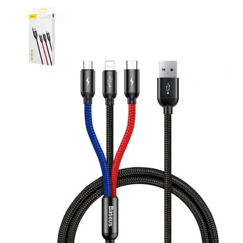 USB-������ Baseus, Type-C, Micro-USB, Lightning, 120 ��, �������� ������ ������ �� Lightning, � ���������� �������, 3.5 �, 3 � 1, ������, #CAMLT-BSY01