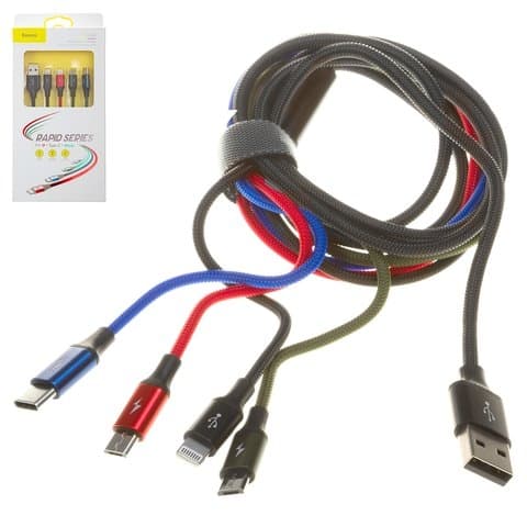 USB-������ Baseus, Type-C, Micro-USB, Lightning, 120 ��, �������� ������ ������ �� Lightning, � ���������� �������, 4 � 1, 3.5 �, ������, #CA1T4-C01