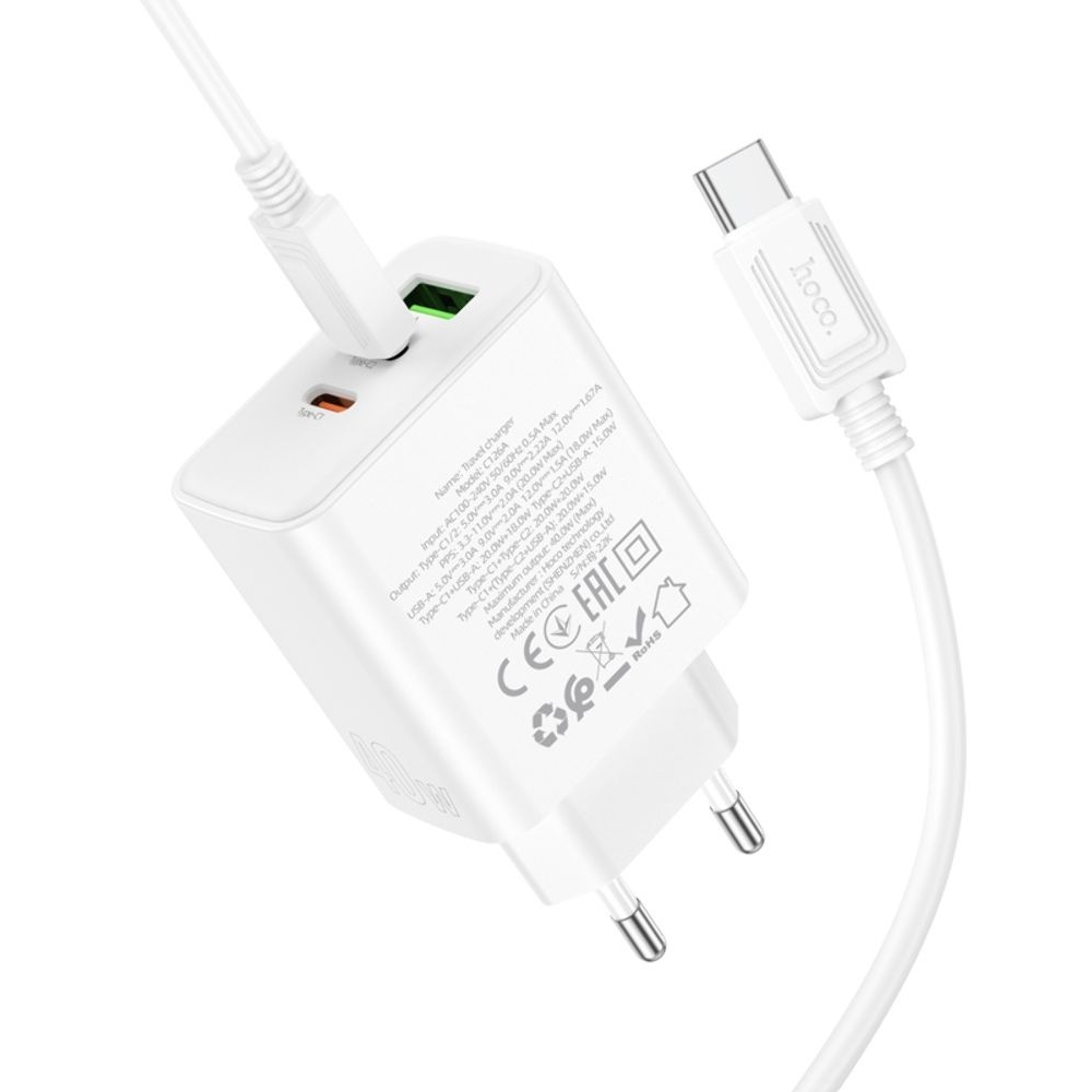 ������� �������� ���������� Hoco C126A, 1 USB, 2 Type-C, PowerDelivery (40 ��), �����, � ������� Type-C �� Type-C