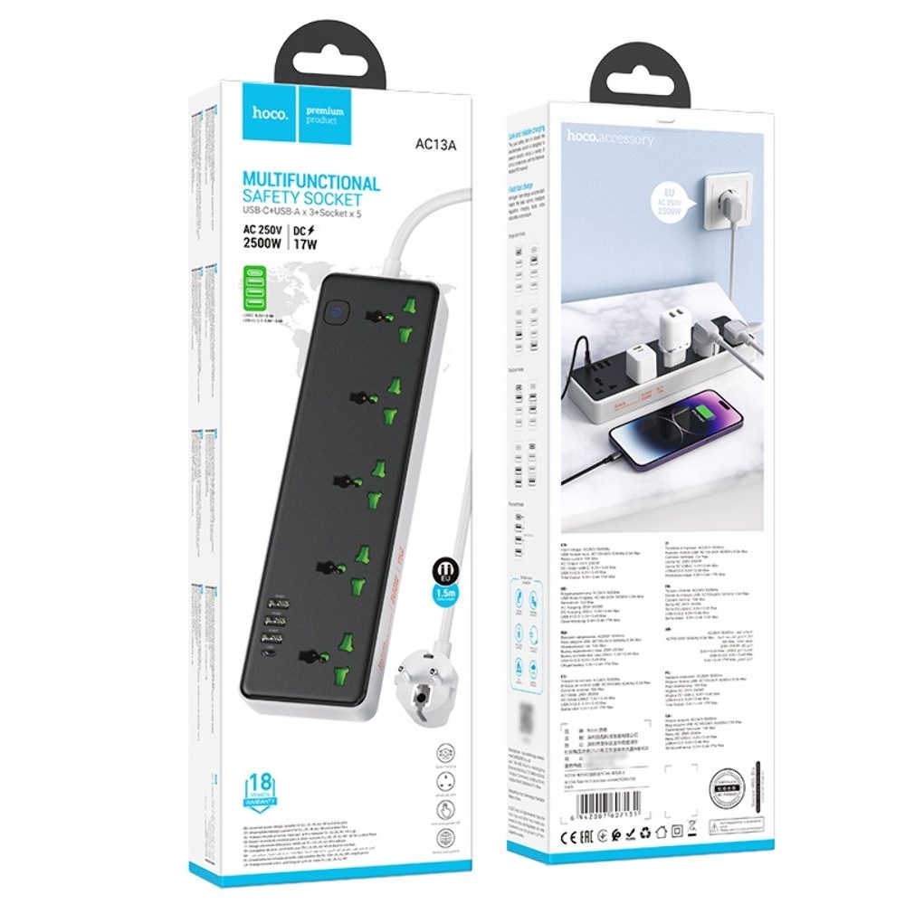 ������� �������� ���������� ���������� Hoco AC13A, 3 USB, 1 Type-C, 5 �������, 100 ��, ������