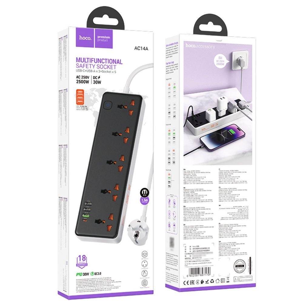 ������� �������� ���������� ���������� Hoco AC13A, 3 USB, 1 Type-C, PowerDelivery (30 ��), 5 �������, 100 ��, ������