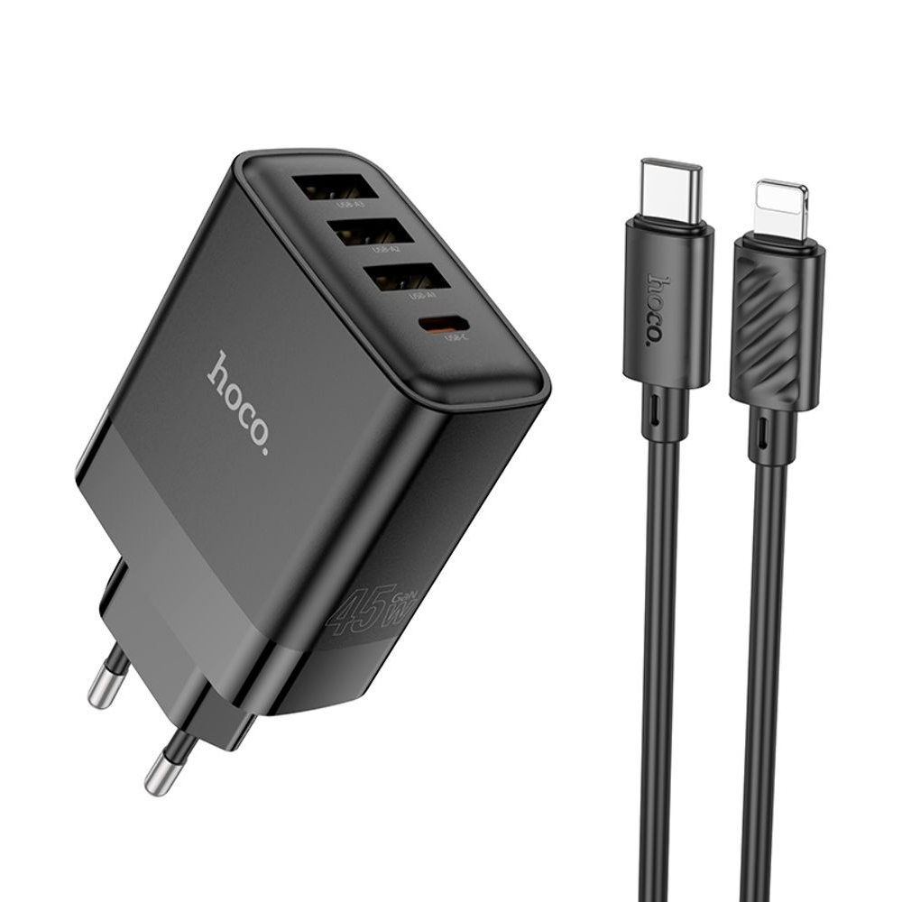 ������� �������� ���������� Hoco C127A, 3 USB, Type-C PD45W, ������, � ������� Type-C �� Lightning