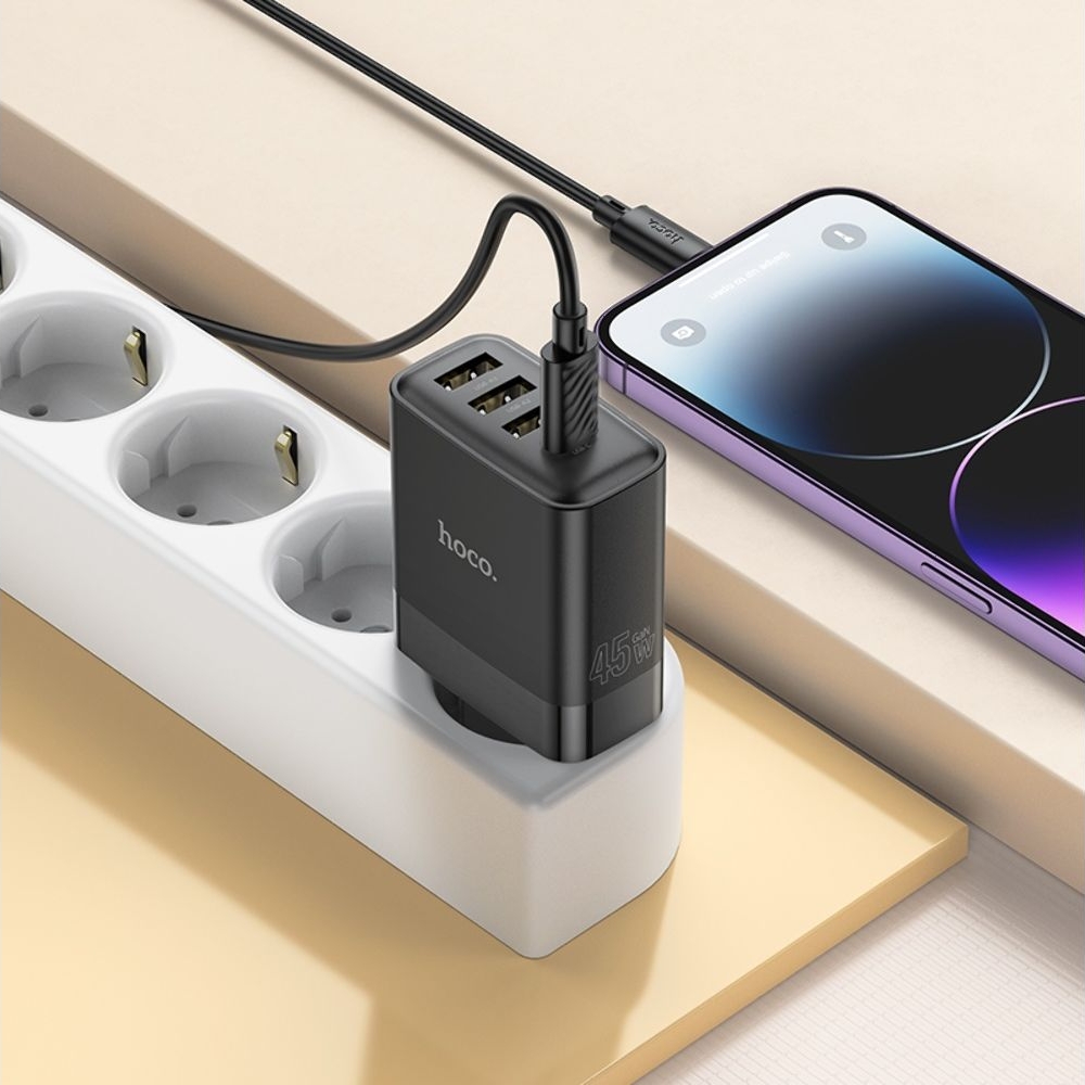 ������� �������� ���������� Hoco C127A, 3 USB, Type-C PD45W, ������, � ������� Type-C �� Lightning