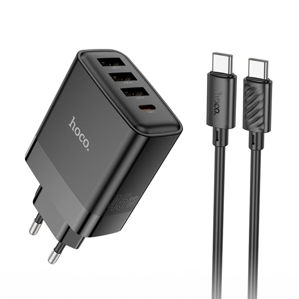 ������� �������� ���������� Hoco C127A, 3 USB, Type-C, Power Delivery (45 ��), ������, � ������� Type-C �� Type-C