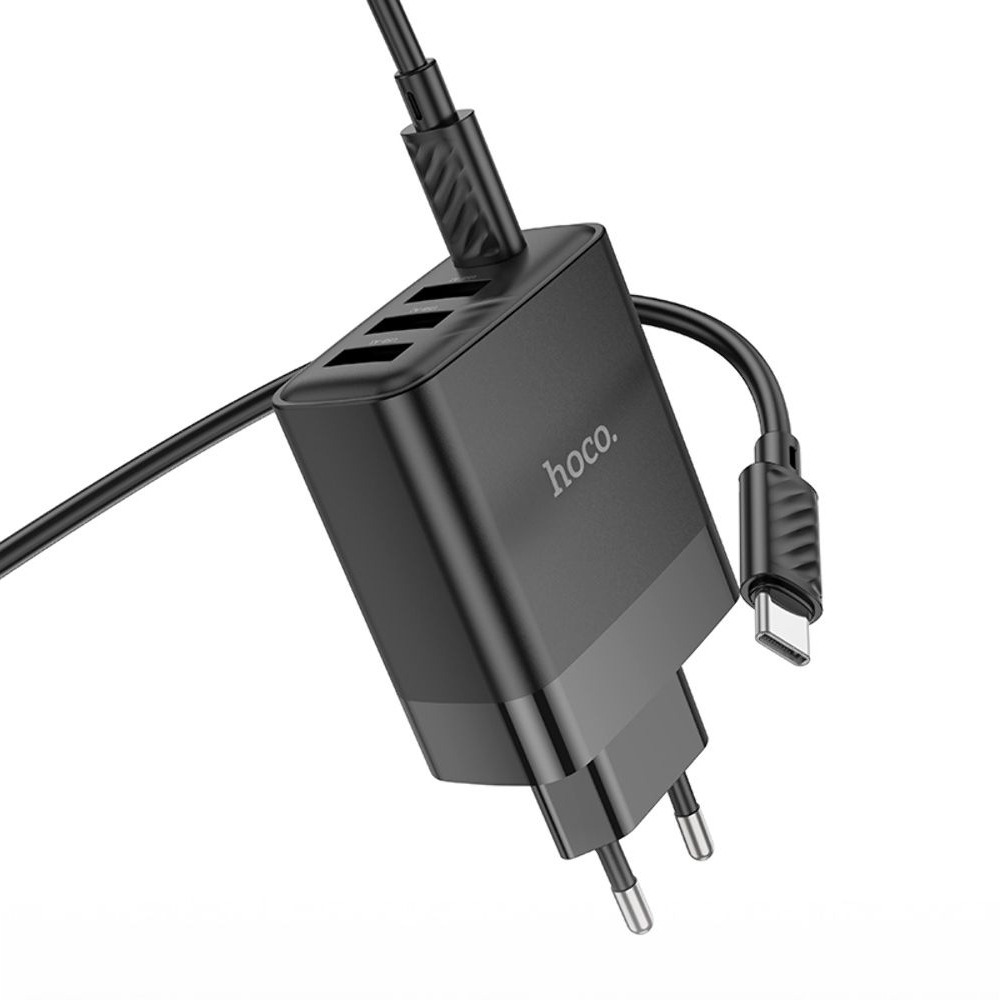������� �������� ���������� Hoco C127A, 3 USB, Type-C, Power Delivery (45 ��), ������, � ������� Type-C �� Type-C