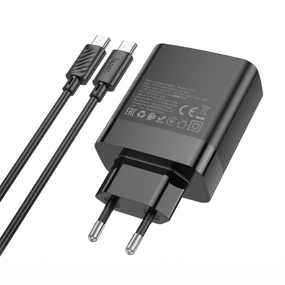 ������� �������� ���������� Hoco C127A, 3 USB, Type-C, Power Delivery (45 ��), ������, � ������� Type-C �� Type-C