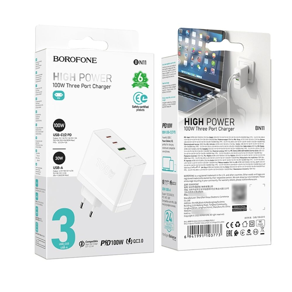 ������� �������� ���������� Borofone BN11, 1 USB, 2 Type-C, PowerDelyvery (100 ��), �����, ��� ������