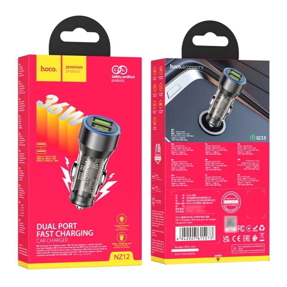 ������������� �������� ������� Hoco NZ12 2 USB, Quick Charge, 36W transparent, ������ | �������, �������� ����������