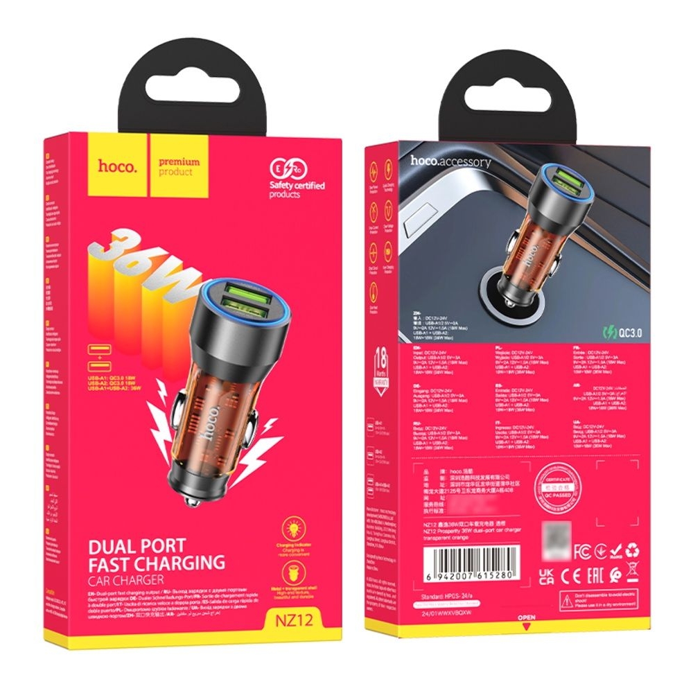 ������������� �������� ������� Hoco NZ12 2 USB, Quick Charge, 36W transparent orange | �������, �������� ����������