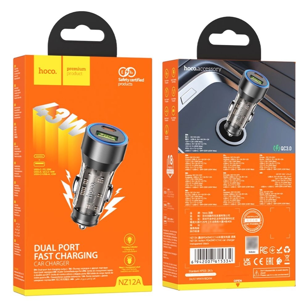 ������������� �������� ������� Hoco NZ12A USB/ Type-C PD 43W transparent, ������ | �������, �������� ����������