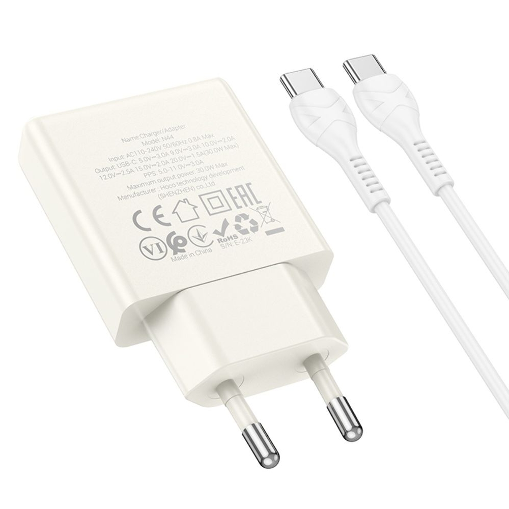 ������� �������� ���������� Hoco N44 Type-C PD 30W + ������ Type-C to Type-C moonlight white