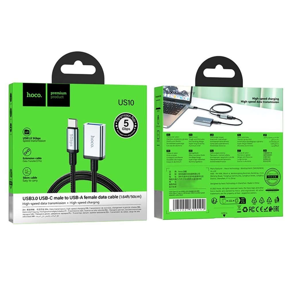 �������������� ������ Hoco US10 ���������� Type-C to USB (F) USB3.0 5Gbit/s 0.5m black
