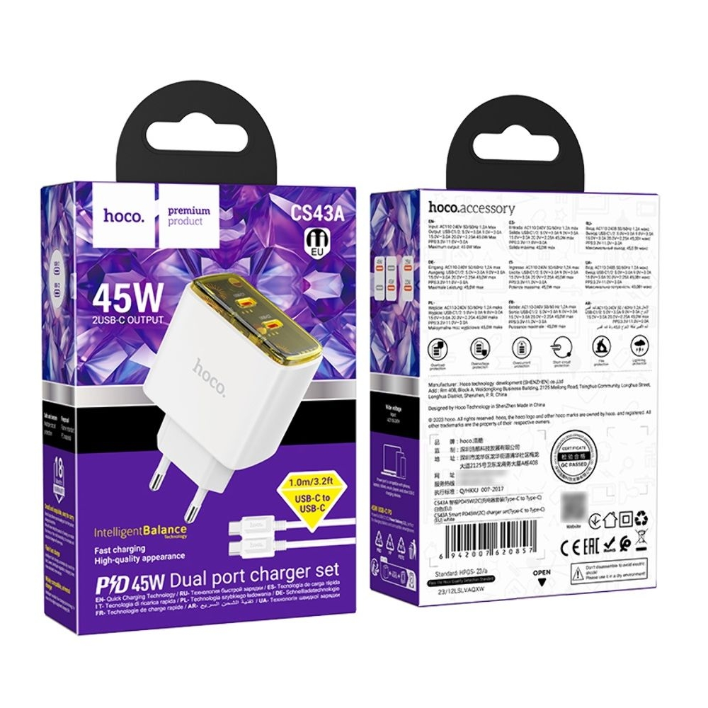������� �������� ���������� Hoco CS43A 2 Type-C PD 45W white + ������ Type-C to Type-C