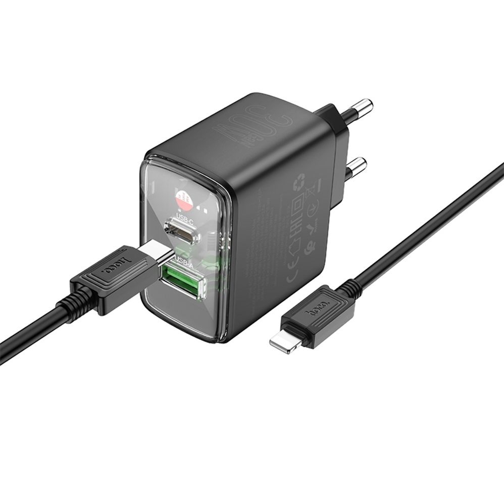 ������� �������� ���������� Hoco CS42A USB/ Type-C PD 30W QC black + ������ Type-C to Lightning