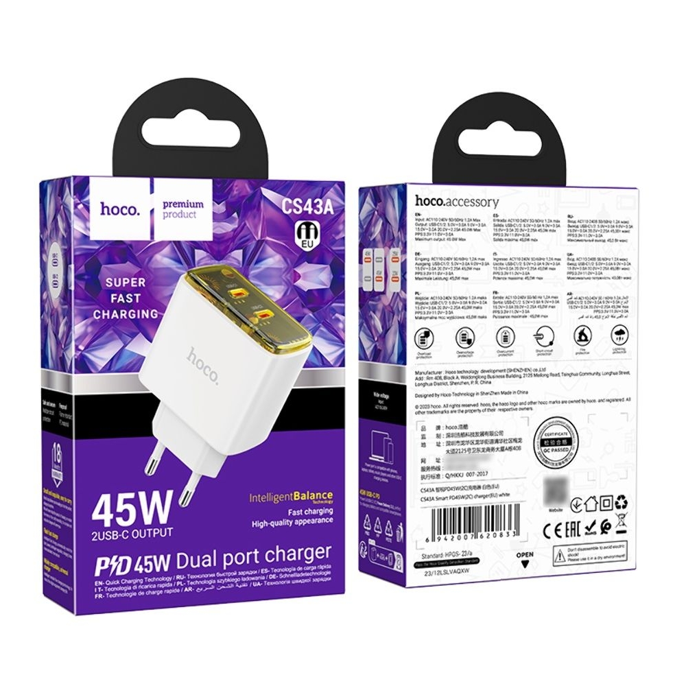 ������� �������� ���������� Hoco CS43A 2 Type-C PD 45W white