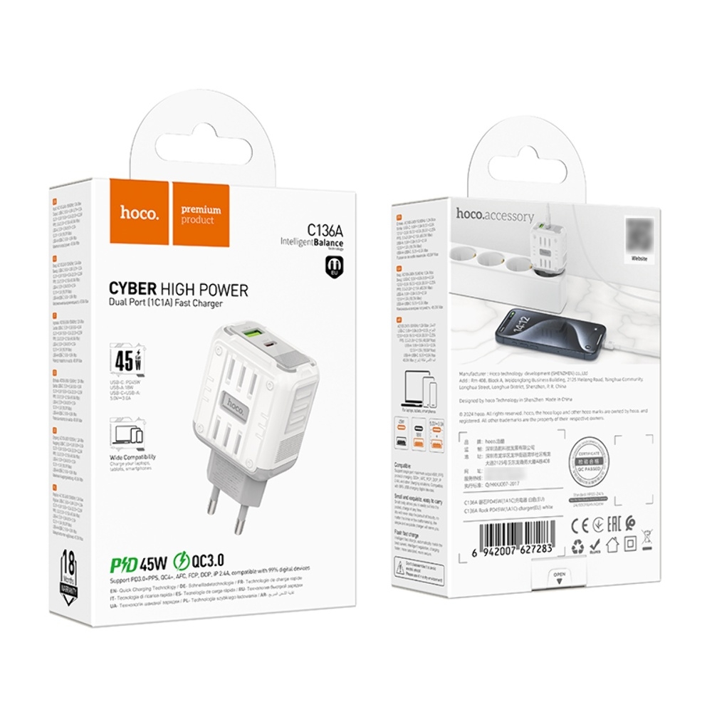 ������� �������� ���������� Hoco C136A USB/ Type-C PD 45W white