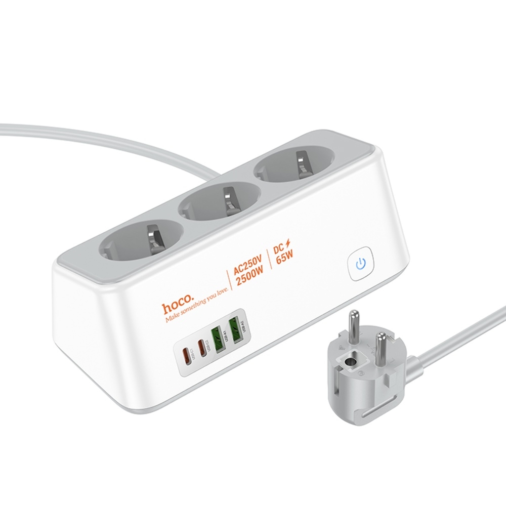 ������� �������� ���������� ���������� Hoco AC23 2 USB/ 2 Type-C PD 65W 3 ������� 2m white