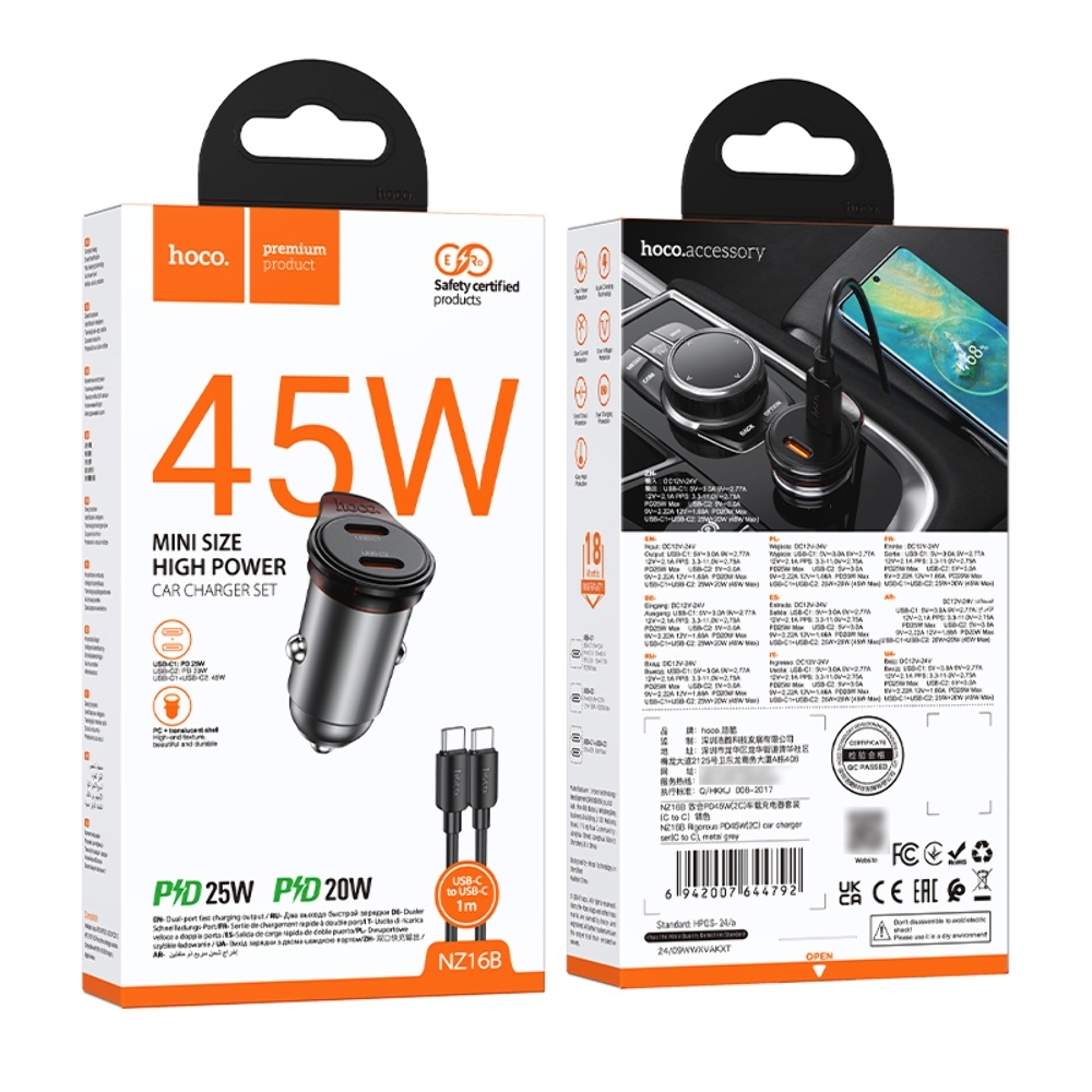 ������������� �������� ���������� Hoco NZ16B 2 Type-C PD 45W metal grey + ������ Type-C to Type-C