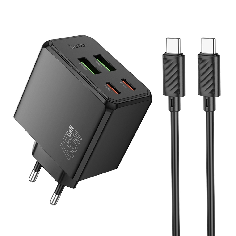 ������� �������� ���������� Hoco CS18A 2 USB/ 2 Type-C PD 45W black + ������ Type-C to Type-C