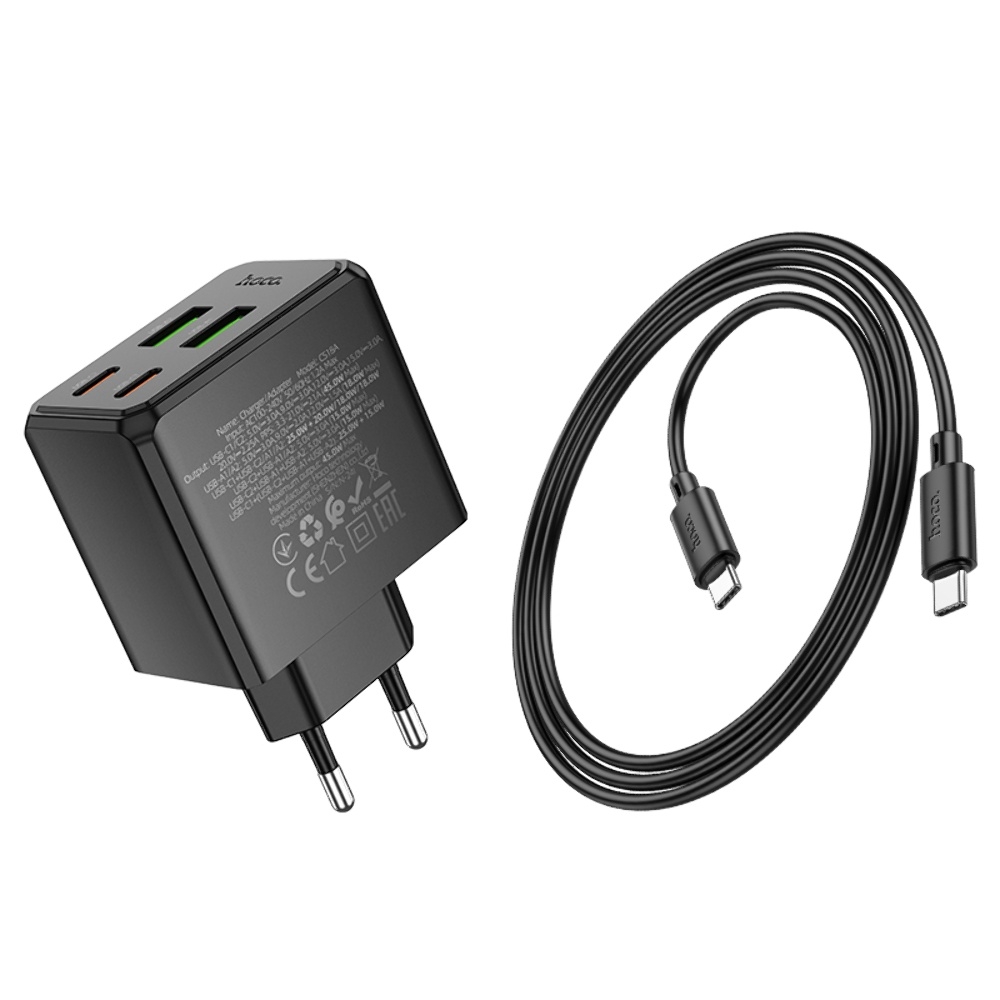 ������� �������� ���������� Hoco CS18A 2 USB/ 2 Type-C PD 45W black + ������ Type-C to Type-C