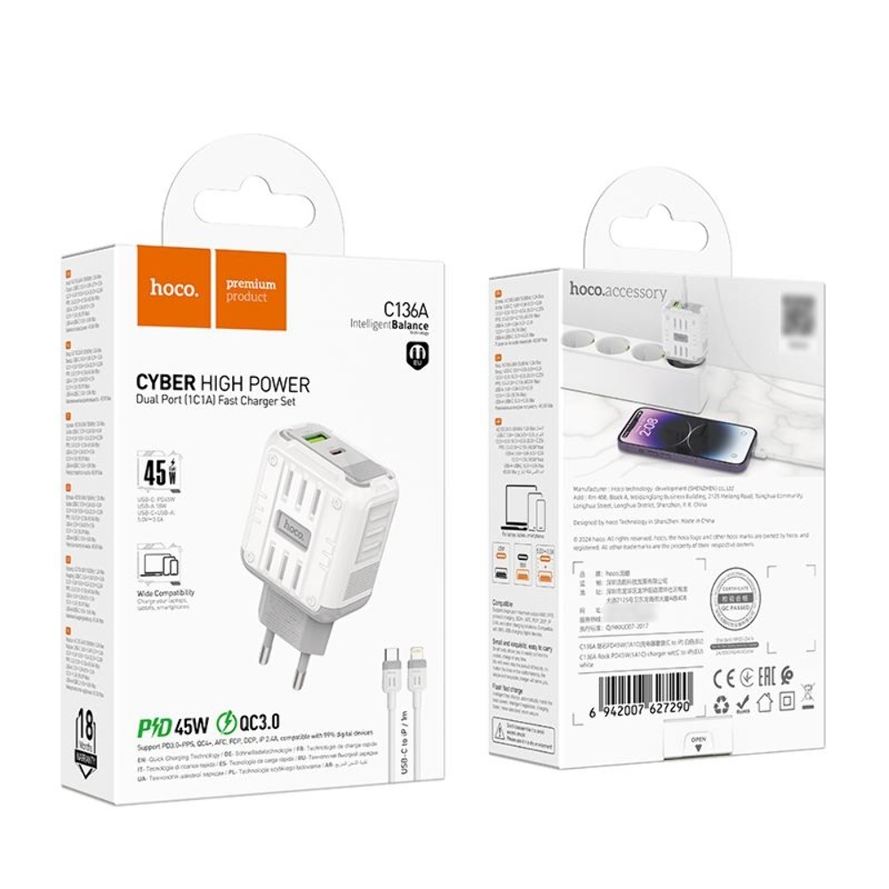 ������� �������� ���������� Hoco C136A USB/ Type-C PD 45W white + ������ Type-C to Lightning