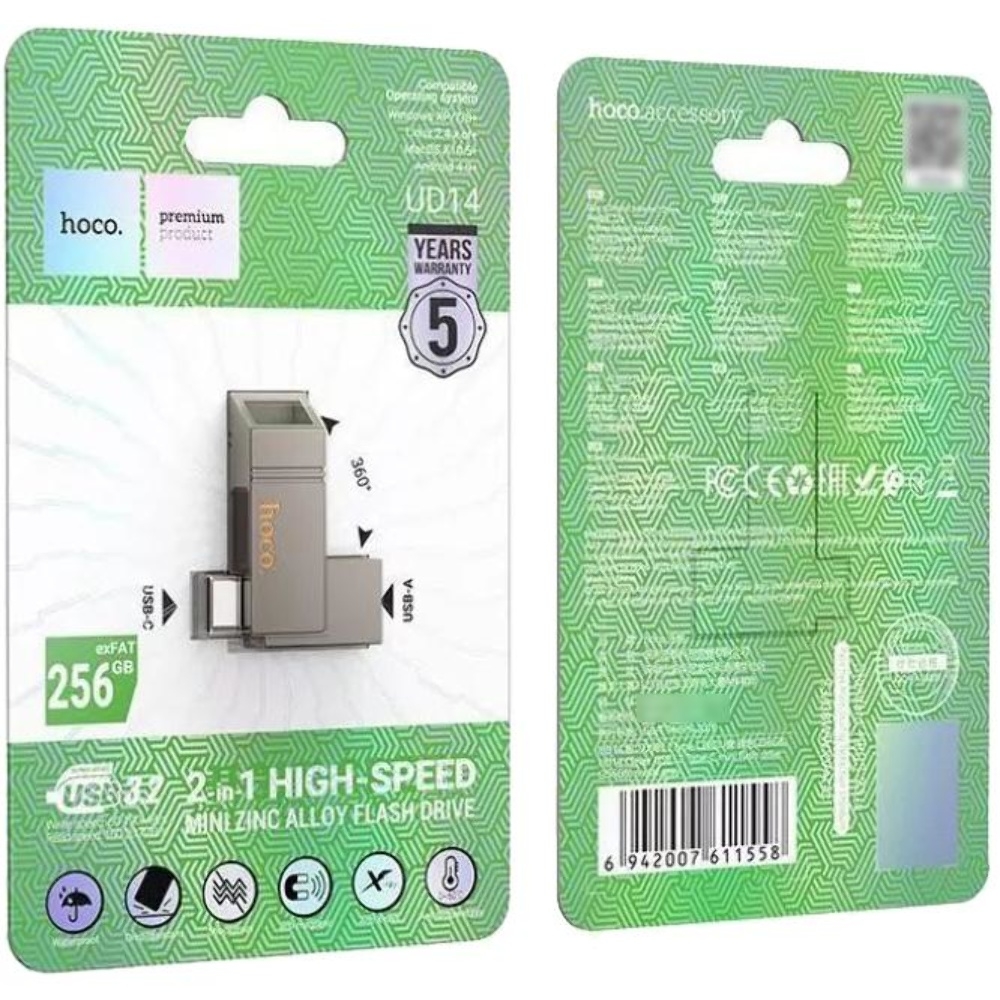 USB ���������� Hoco UD14 256GB Wise Type-C/ USB3.2 + mini flash drive metal gray