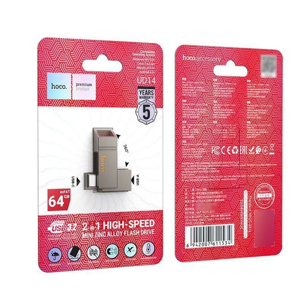 USB ���������� Hoco UD14 64GB Wise Type-C/ USB3.2 + mini flash drive metal gray