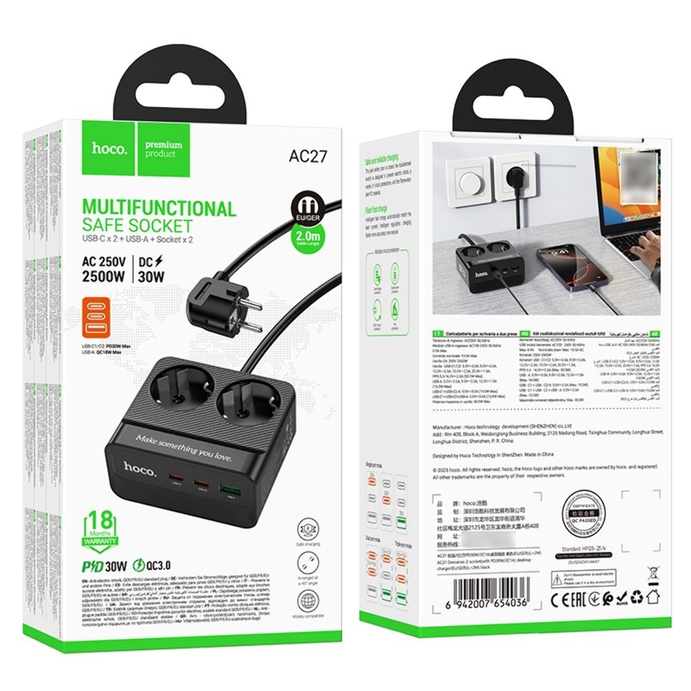 ������� �������� ���������� ���������� Hoco AC27 USB/ 2 Type-C PD 30W 2 ������� 2m black
