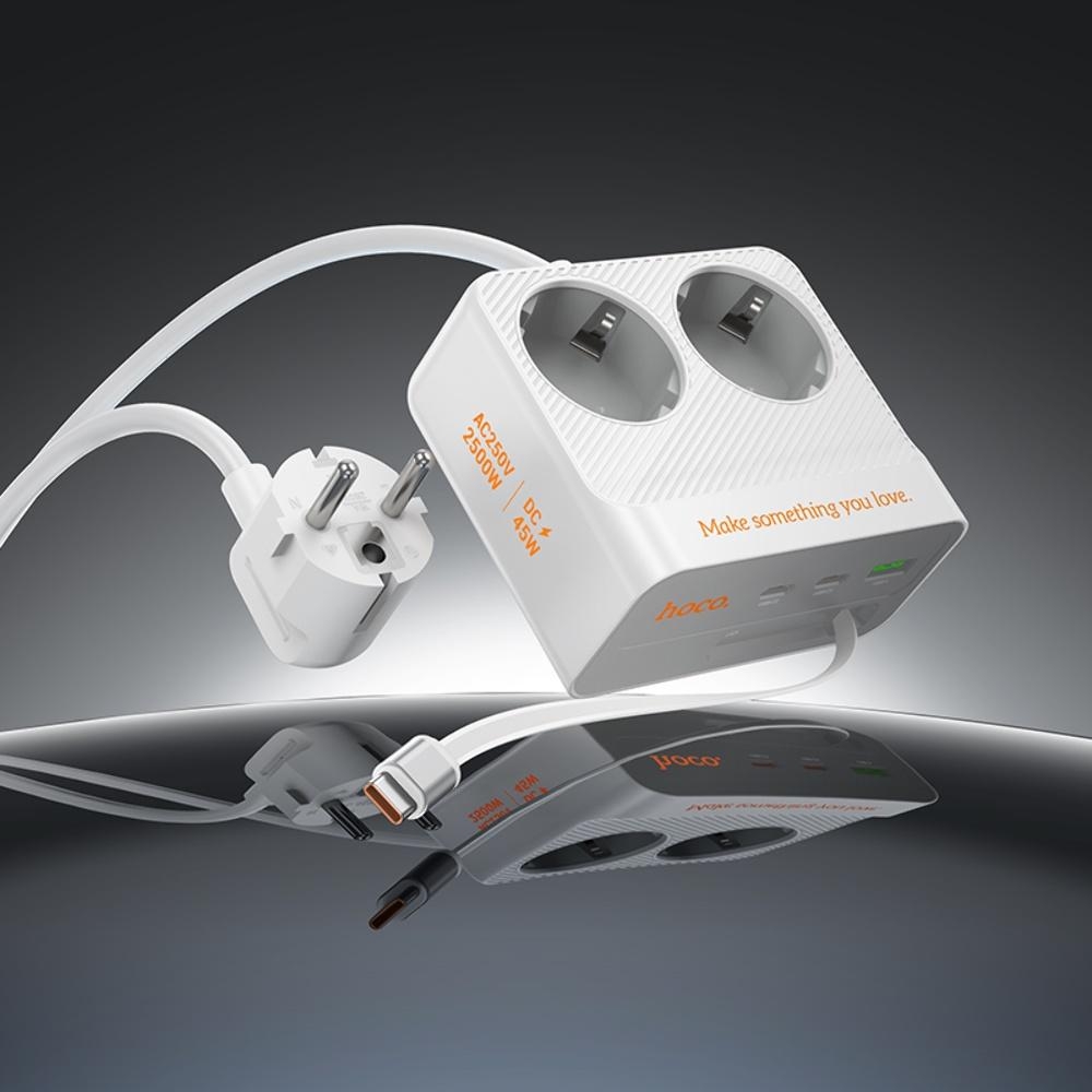 ������� �������� ���������� ���������� Hoco AC28 USB/ 3 Type-C PD 45W 2 ������� 2m white