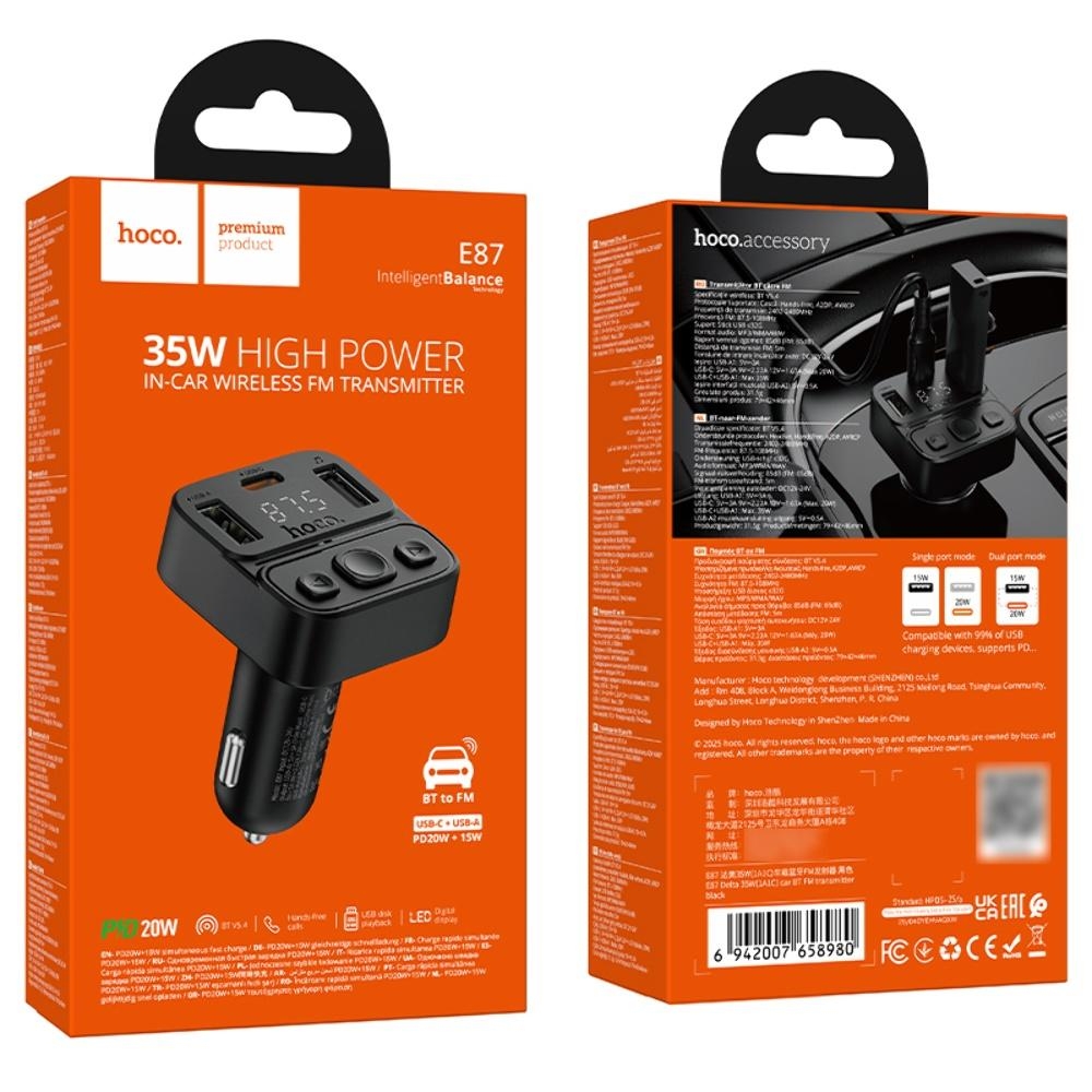 ������������� �������� ���������� Hoco E87 USB/ Type-C 35W c �������� � FM-����������� black