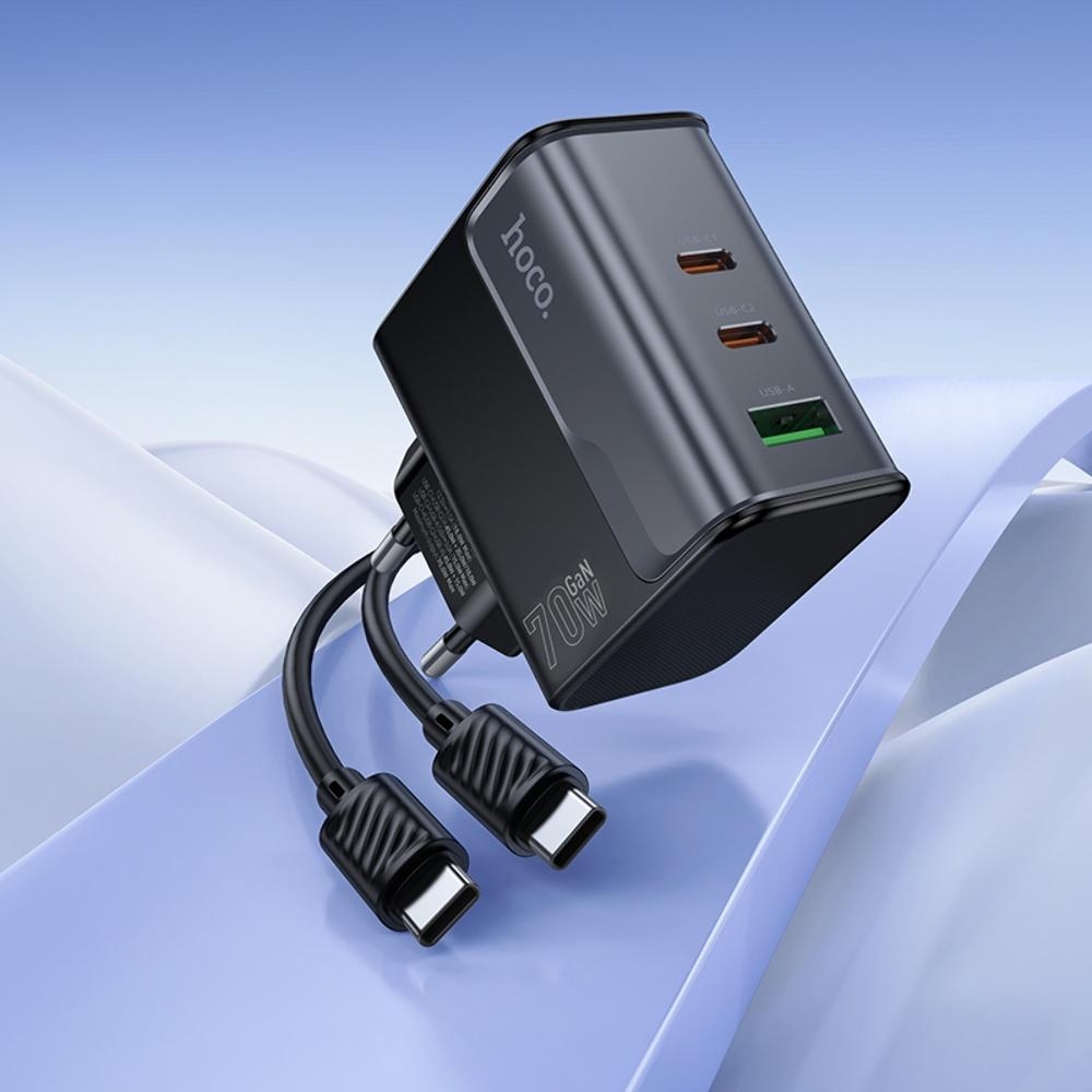 ������� �������� ���������� Hoco CS75A USB/ 2 Type-C PD 70W midnight black + ������ Type-C to Type-C