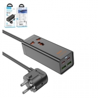 Сетевое зарядное устройство Hoco AC10A, Power Delivery (65 Вт), чорний, с розеткой, 4 порта, GaN, #6942007601672